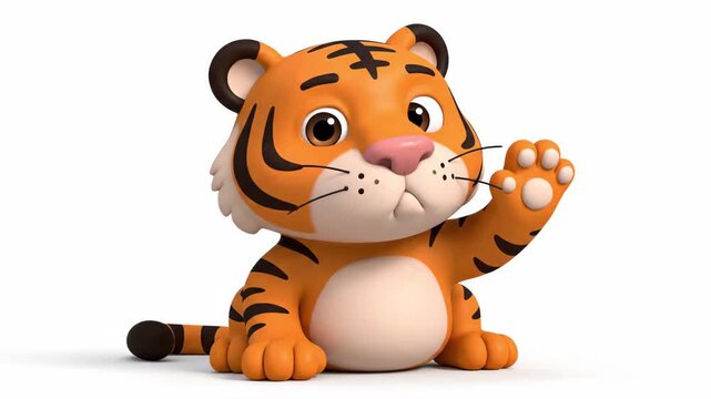3D animation of a friendly and expressive tiger in cartoon style, with a friendly greeting gesture on a white background, ideal for children's and educational content. Adorable 3D tiger waving on mini