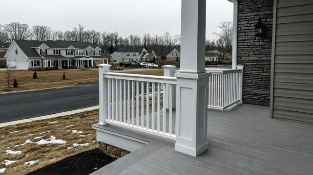 Enjoy the serene outlook from this stylish porch featuring elegant railings and a spacious design in a peaceful community