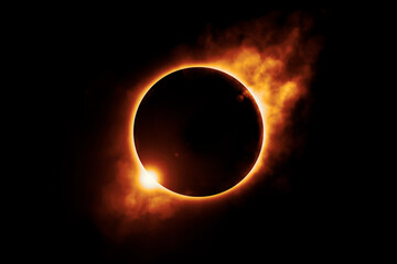 Solar eclipse corona illuminating sun and moon in space © Santy Valdes