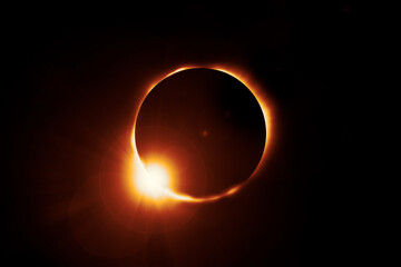 Celestial event showing moon blocking sun and diamond ring effect