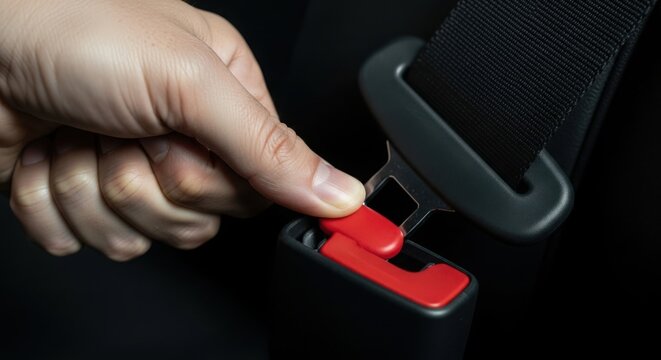 Securing seat belt for safety is essential while driving car to ensure car safety, buckle seat belt with red button lock provides maximum security. Car safety ensures peace of mind, - Powered by Adobe