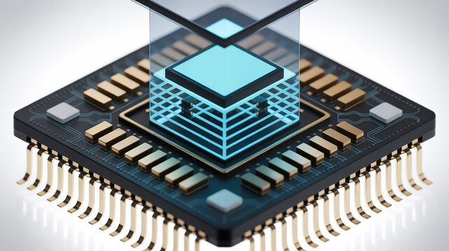 Visualize cutting edge technology with a detailed macro view of a futuristic central processing unit, symbolizing innovation and digital advancement