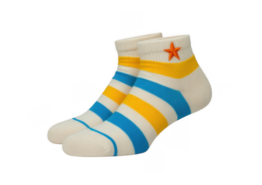 White ankle socks with blue and yellow stripes and orange star isolated on a transparent background - Powered by Adobe
