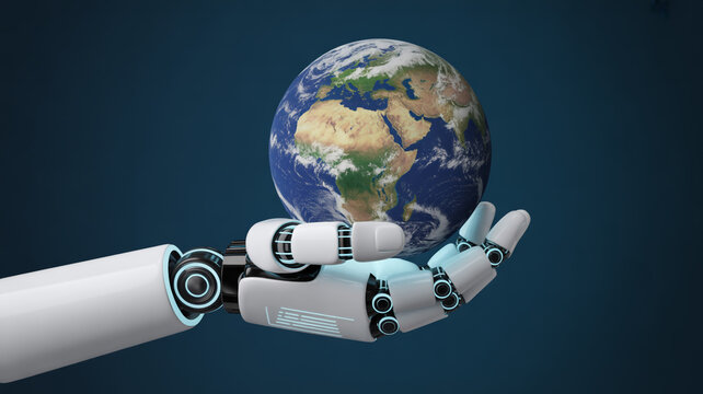 Advanced robotic hand gently cradles the Earth, symbolizing future innovation, global connection, and technological stewardship in a modern digital world.