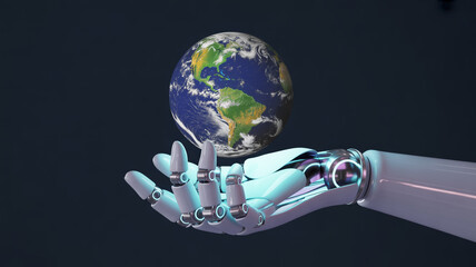 Intelligent robotic arm delicately cradles vibrant planet Earth, symbolizing future innovation and global connection in cutting edge technology