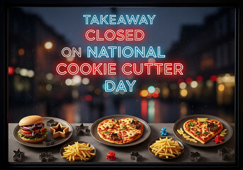 Takeaway closed on national cookie cutter day neon sign, takeaway closed, national cookie cutter day, neon sign, closed sign, restaurant, food, pizza, burger, french fries, cookie cutters, star, heart