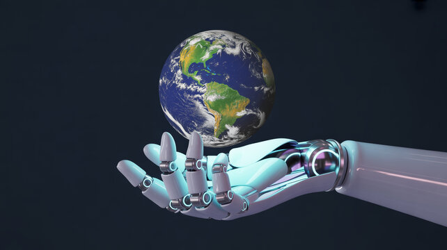 Intelligent robotic arm delicately cradles vibrant planet Earth, symbolizing future innovation and global connection in cutting edge technology - Powered by Adobe