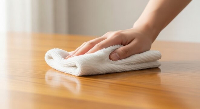 Table cleaning process with microfiber cloth wiping surface for dust removal, showcasing clean table. Effective table cleaning requires diligence and proper tools to maintain hygiene.