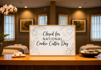 Spa closed for national cookie cutter day sign announcement, spa, closed, national cookie cutter day, sign, announcement, message, reception desk, wooden counter, orchids, massage tables, spa room, re