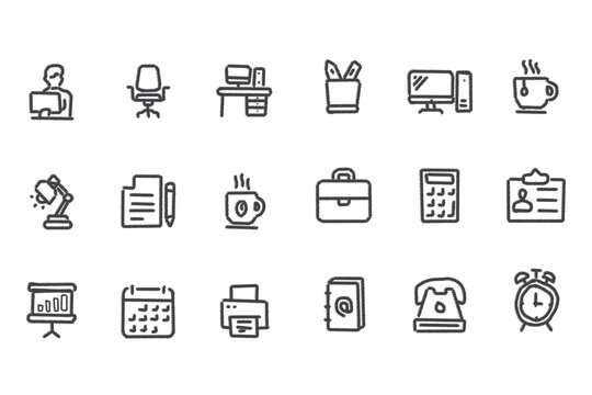 Office and business essential tools modern outline icon set vector art