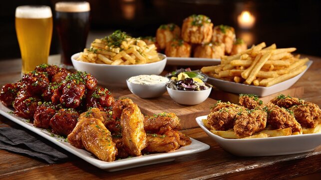 A tantalizing array of pub fare: crispy wings, golden fries, cheesy spuds, and frothy brews create a feast for the senses! Perfect for a casual hangout or game night.