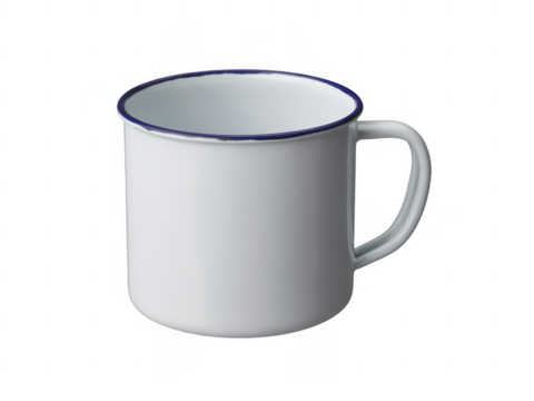 White enamel mug with blue rim isolated on a transparent background 1 - Powered by Adobe