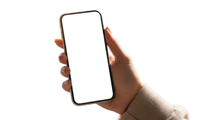 A human hand gently gripping a sleek, new generation smartphone featuring a bright, empty white screen for creative design mockups, isolated on transparent background