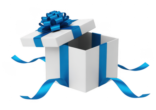 White gift box with blue ribbon and bow open isolated on a transparent background