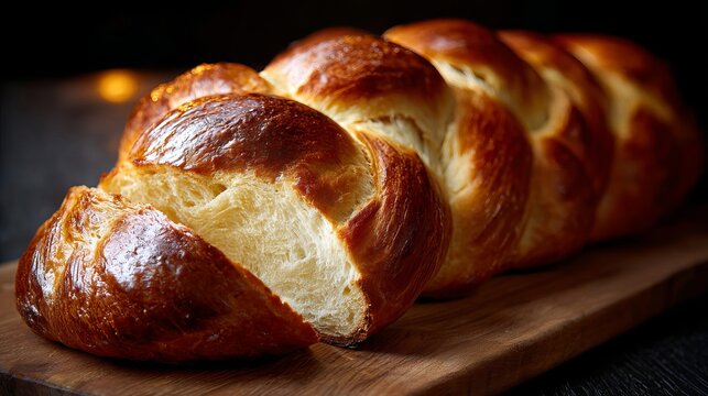 Golden challah bread on rustic wooden board, perfect for Shabbat dinner or a delightful weekend brunch, a delicious, traditional Jewish bakery treat