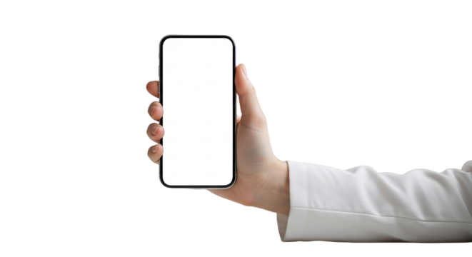 Hand holding a modern smartphone with a blank white screen, perfect for displaying app interfaces or website designs, isolated on transparent background
