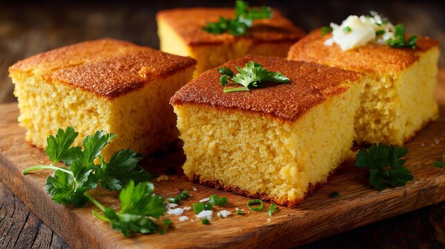 Delicious homemade cornbread squares with fresh parsley on rustic wooden board, perfect for Southern cooking, comfort food, and holiday gatherings