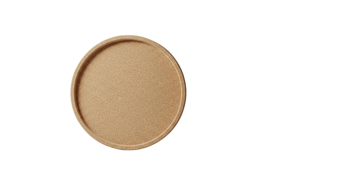 A round, light brown textured coaster or small decorative tray with a subtle raised edge and a speckled surface pattern, captured from a topdown view, isolated on transparent background