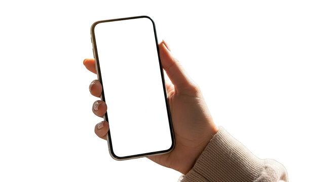A human hand gently gripping a sleek, new generation smartphone featuring a bright, empty white screen for creative design mockups, isolated on transparent background