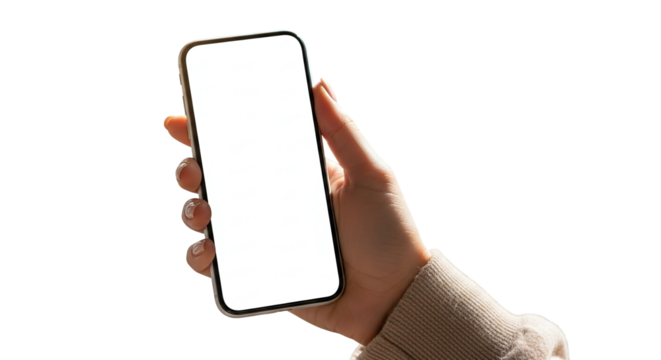 A human hand gently gripping a sleek, new generation smartphone featuring a bright, empty white screen for creative design mockups, isolated on transparent background