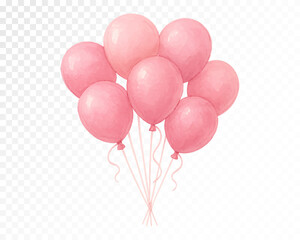 Pink watercolor balloon bouquet with glossy pastel balloons and curling ribbons in soft festive style, cheerful party decoration for celebrations and events. Vector illustration.