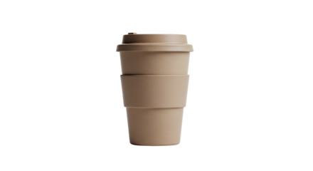 Ecofriendly brown reusable coffee cup with a matching lid and a protective sleeve, perfect for daily commutes and sustainable living, isolated on transparent background