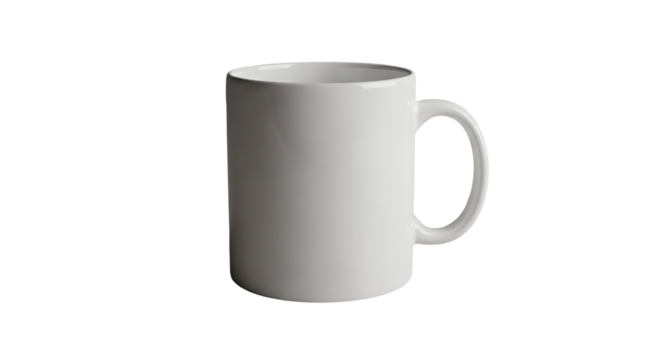 White ceramic coffee mug with a handle, perfect for hot beverages like tea or cocoa, isolated on transparent background
