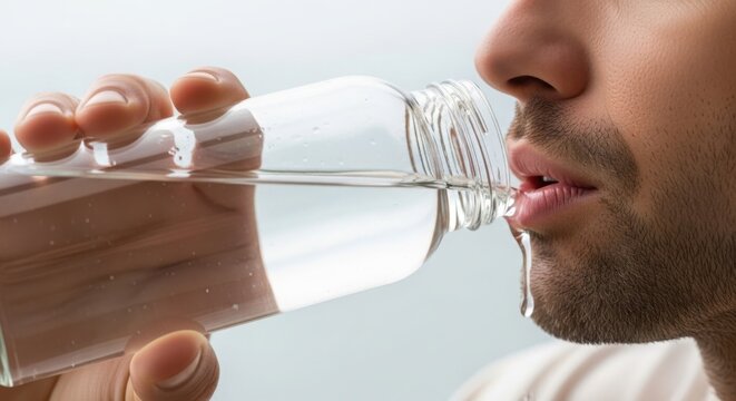 Man drinking water from clear bottle with refreshment shown up close, clear bottle is source of hydration and health. Hydration for athlete keeps healthy and active, clear bottle for drinking water.