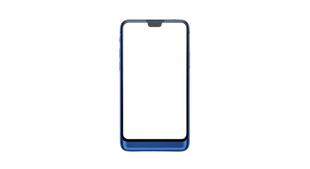 A modern blue smartphone with a blank white screen, featuring a sleek design and a notch, presented vertically and isolated on a transparent background