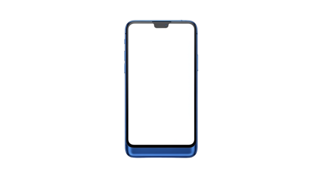 A modern blue smartphone with a blank white screen, featuring a sleek design and a notch, presented vertically and isolated on a transparent background