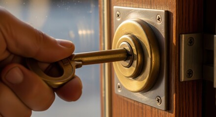 Hand using door key opens lock, revealing warmth and light, hand with door key. Person unlocks door with key, symbolising access, opportunity and transition.