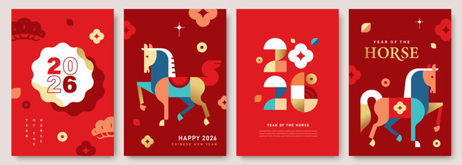 Set of 2026 Chinese new year, year of the Horse poster, cover, greeting card, templates design with horse, flowers and typography in modern geometric style.

