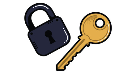 A cartoon illustration depicting a dark blue padlock and a golden key beside it