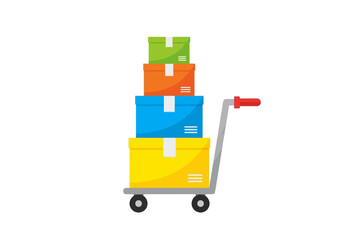 Vector illustration of a hand truck dolly loaded with a stack of colorful cardboard boxes for moving, shipping, and delivery services