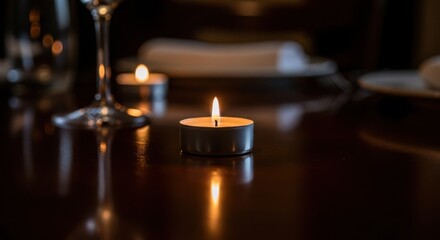 Candle light creates romantic atmosphere with burning candles at dinner. Candle light shines for event celebration, including wedding dinner and anniversary celebration.