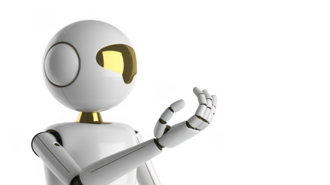 White robot with gold visor and outstretched hand isolated on a transparent background
