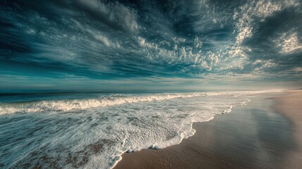 A breathtaking beach scene unfolds with gentle waves meeting the sandy shore under a dramatic sky, evoking tranquility and the serene beauty of the coastline.