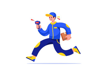 Express delivery service concept featuring a cartoon courier running with a package and a barcode scanner, representing fast shipping and logistics
