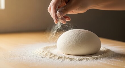 Making pizza dough at home with a fresh ball of raw dough. Making pizza dough preparation involves sprinkling flour on ball. Enjoy making pizza dough for the whole family, a fun activity.