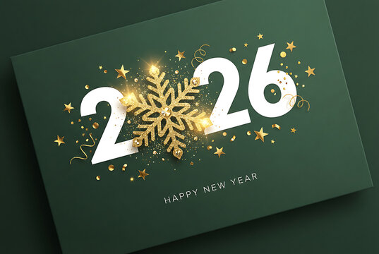 2026 Happy New Year text with golden snowflake on green background