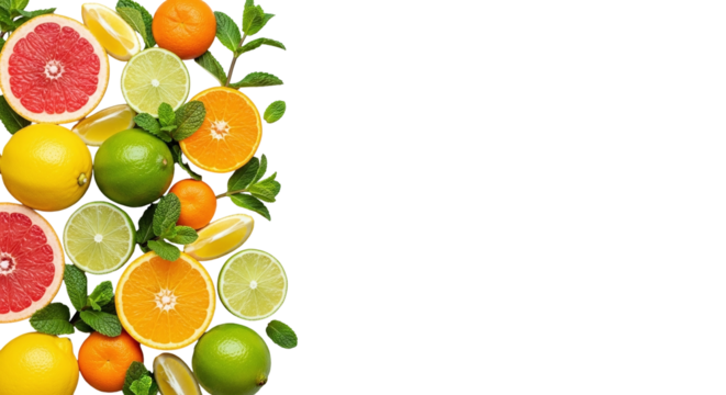 Fresh and colorful citrus fruits, including grapefruit, orange, lime, lemon, tangerine, and green mint leaves, arranged on white, isolated on transparent background