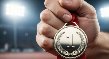 First place medal held high in hand against a stadium backdrop showcases success. Symbolizing achievement, first place medal represents a major win and recognition of dedication.
