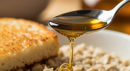 Pouring honey from spoon over oatmeal and toast, delicious and healthy. Pouring honey adds sweetness and natural flavor to breakfast.