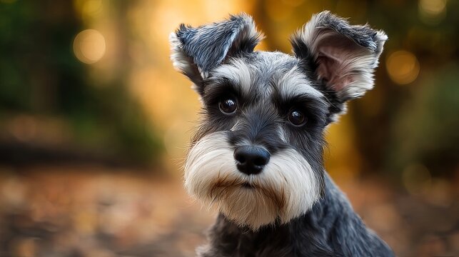 Adorable schnauzer puppy with soulful eyes and fluffy beard looking curious in a warm autumn setting, perfect for pet lovers and heartwarming stories - Powered by Adobe