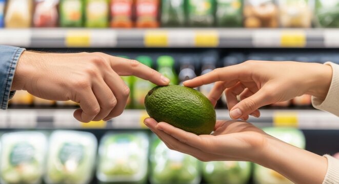 Shopping for avocado in produce section, choosing ripe avocado in grocery store. Selecting fresh avocado involves feeling its texture, checking for firmness, and assessing its color.