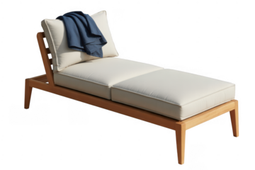 Wooden lounger with cream cushions and blue throw isolated on a transparent background
