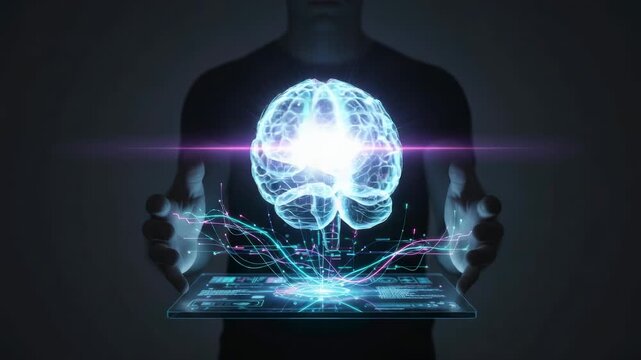 Man holding futuristic tablet projecting a rotating digital brain hologram, symbolizing neuroscience, ai, mind machine interfaces, data driven healthcare and virtual cognition research - Powered by Adobe
