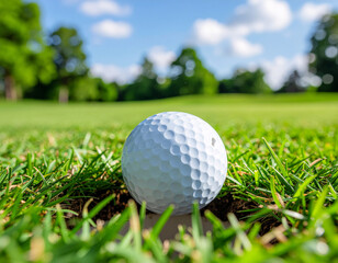 Fototapeta premium Close-Up of Golf Ball on the Edge of the Hole on a Sunny Green