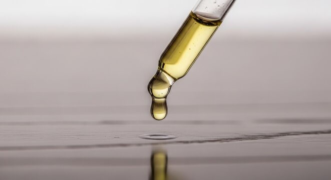 Liquid serum droplet flowing from glass pipette for skincare, showcasing its purity. Purity demonstrated as single droplet of liquid serum falls smoothly, reflecting light beautifully.