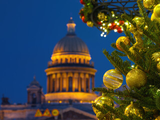 Christmas tree on a Isaacs square, View of St. Isaac's Cathedral, Saint-Petersburg, Russia
